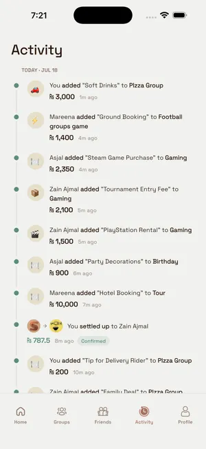 Activity timeline of expenses and a confirmed settlement across all groups