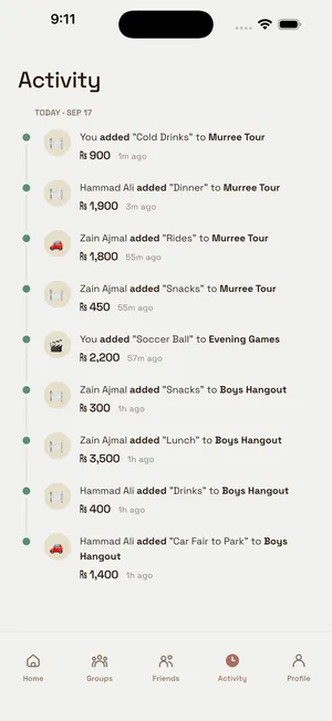 Activity timeline of expenses added across Murree Tour, Evening Games, and Boys Hangout