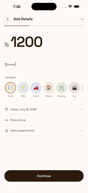 Add expense form with Rs 1200 dinner, category icons, date, group, and receipt photo option