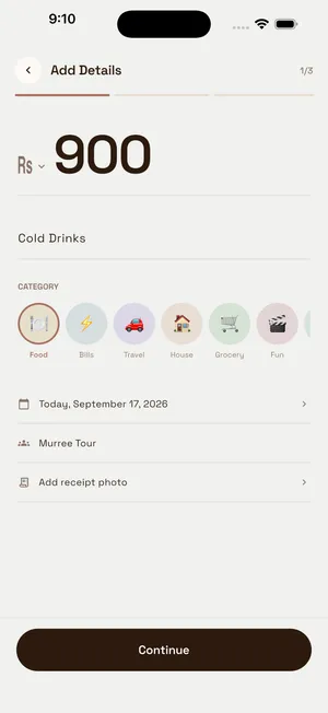 Add details form with Rs 900 for Cold Drinks, the Food category, the date, the Murree Tour group, and a receipt photo option