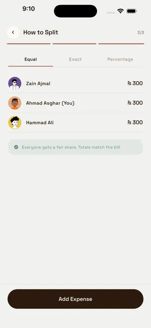 How to split screen in equal mode, Rs 300 each, with a totals match the bill confirmation