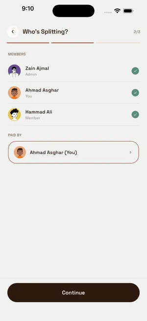 Who's splitting screen with Zain, Ahmad, and Hammad selected and Ahmad as the payer