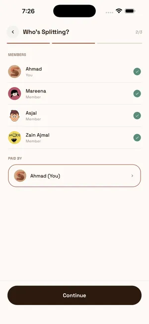 Who is splitting screen with all four members selected and Ahmad chosen as payer