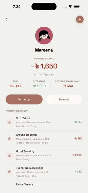 Friend profile showing a combined balance of -Rs 1,650 across three groups with Settle Up and Remind buttons