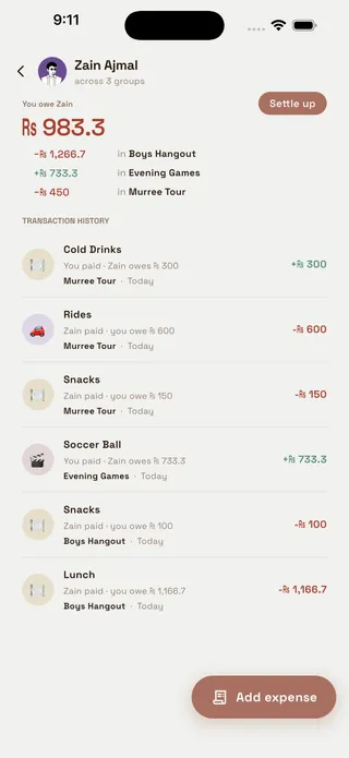 A SplitSol friend screen showing you owe Zain Rs 983.3 across three groups, with Settle up and a transaction history