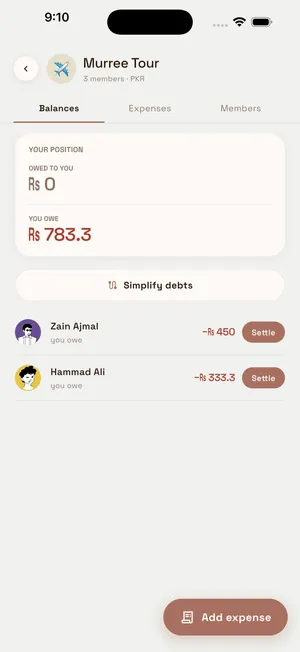 Murree Tour balances tab showing you owe Rs 783.3, split between Zain and Hammad