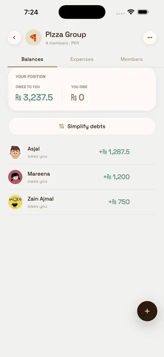 A SplitSol group balances tab showing your position, a Simplify debts button, and who owes you
