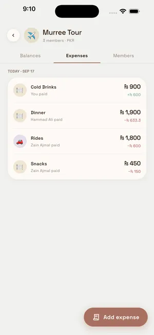 Murree Tour expenses tab listing Cold Drinks, Dinner, Rides, and Snacks with who paid and your share