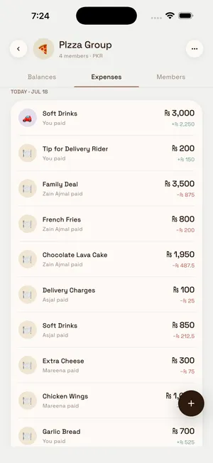 Pizza Group expenses tab listing each bill with who paid and your share per line