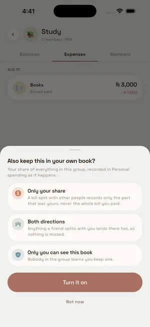 The SplitSol group spending sheet: Also keep this in your own book? with Only your share, Both directions, and Only you can see this book, over a Turn it on button