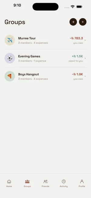 Groups screen listing Murree Tour, Evening Games, and Boys Hangout with per-group balances