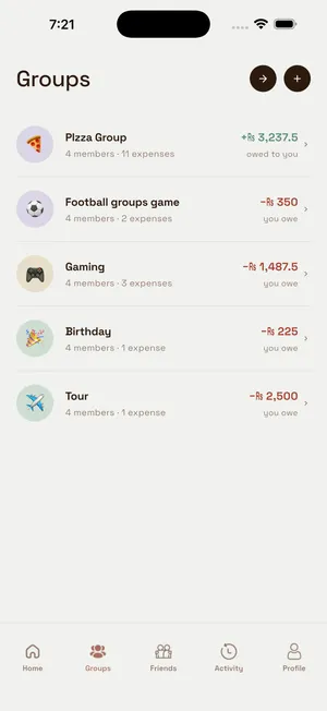 Groups screen listing Pizza Group, Football, Gaming, Birthday, and Tour with per-group balances