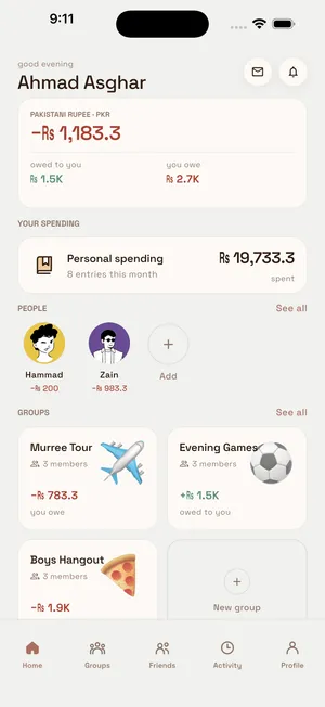 SplitSol home screen showing a net balance of -Rs 1,183.3, your personal spending, people, and group cards