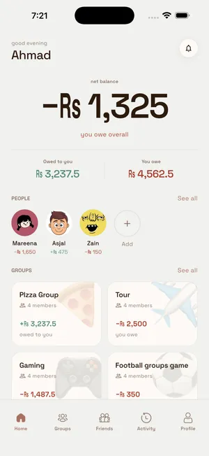 SplitSol home screen showing a net balance of -Rs 1,325, top people, and group cards