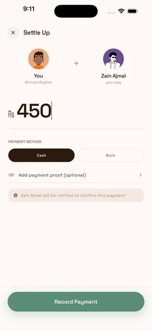 Settle up screen recording a Rs 450 cash payment to Zain with a confirmation notice