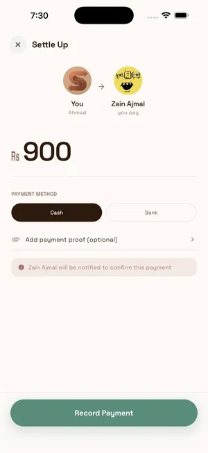 Settle up screen recording a Rs 900 cash payment to Zain with confirmation notice