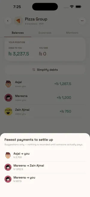 Fewest payments to settle up sheet suggesting three payments that clear the group