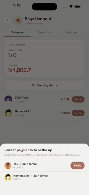 Fewest payments to settle up sheet for Boys Hangout suggesting two payments that clear the group